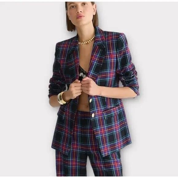 J. Crew Black Red Blue Nipped in Blazer Stewart Tartan Wool Blend Plaid Size 6 - Picture 1 of 16